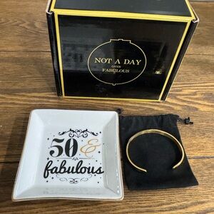 50 & Fabulous tray and Happy Birthday bracelet with bag and Black Gold Gift Box